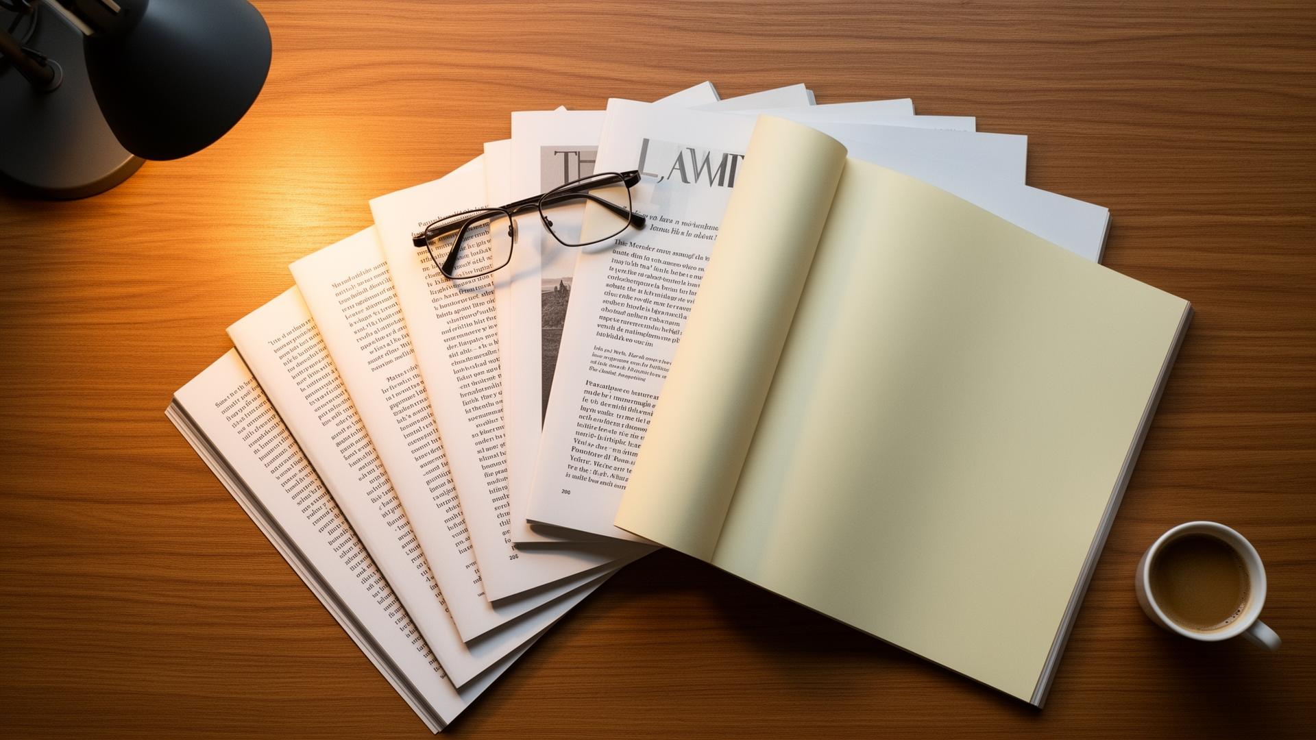A fan of magazine spreads and printed editorial pages on a desk with reading glasses resting on top, lit by a warm desk lamp.