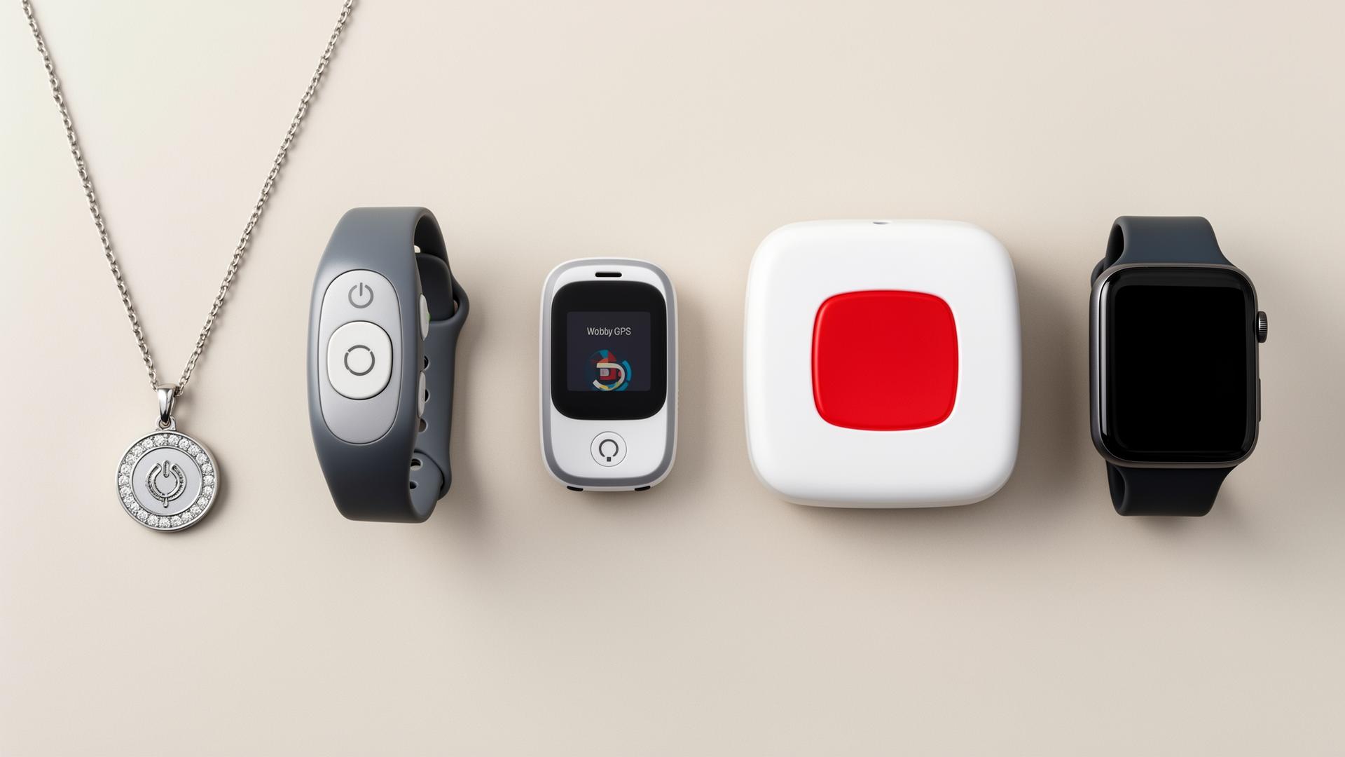 Five different medical alert devices arranged in a row: a pendant necklace, a wristband help button, a small mobile GPS unit, a base-station with a large red button, and a smartwatch.