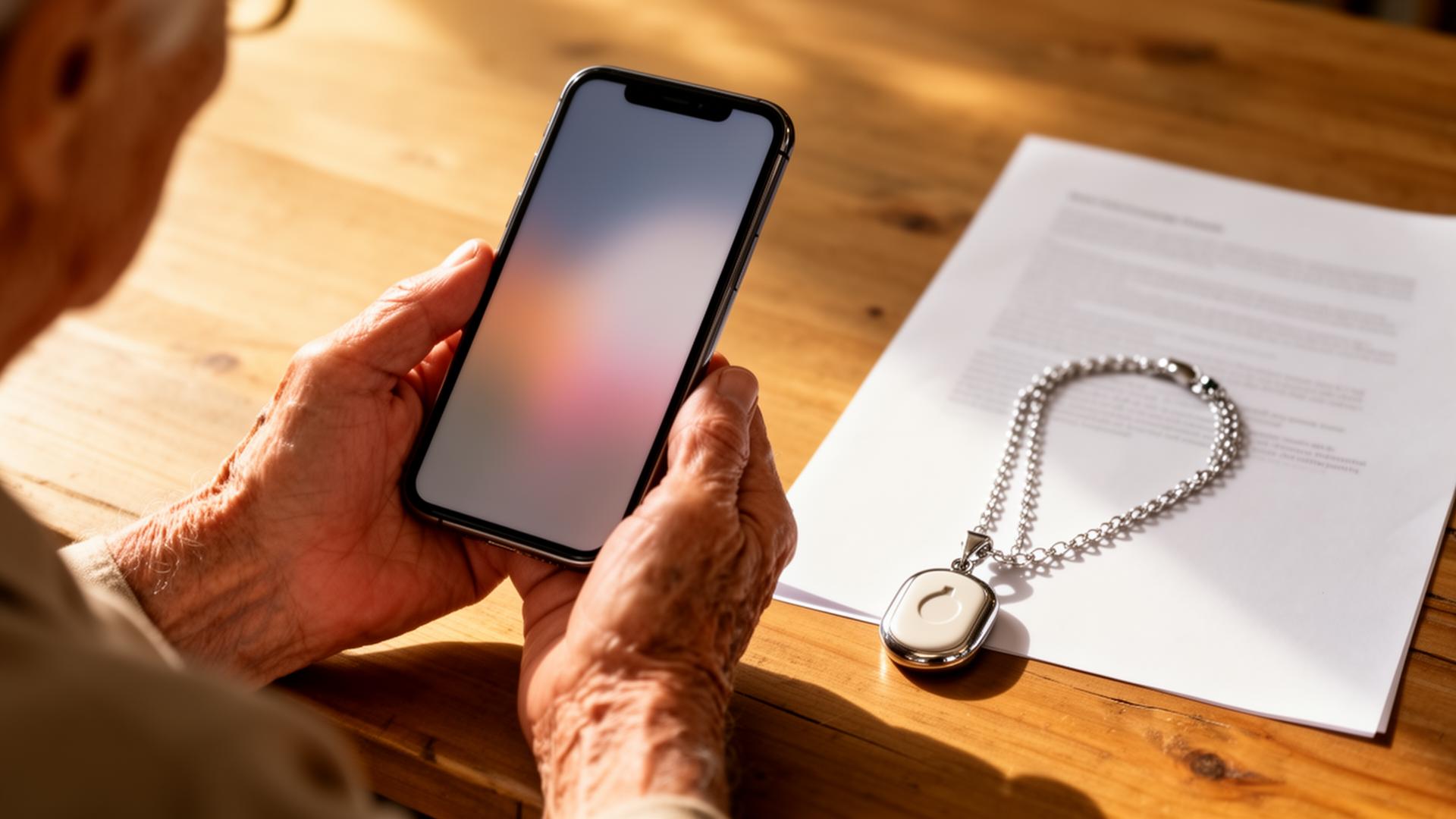 Older person's hands holding a smartphone beside a medical alert pendant on a silver chain and a printed sheet on a wooden table.